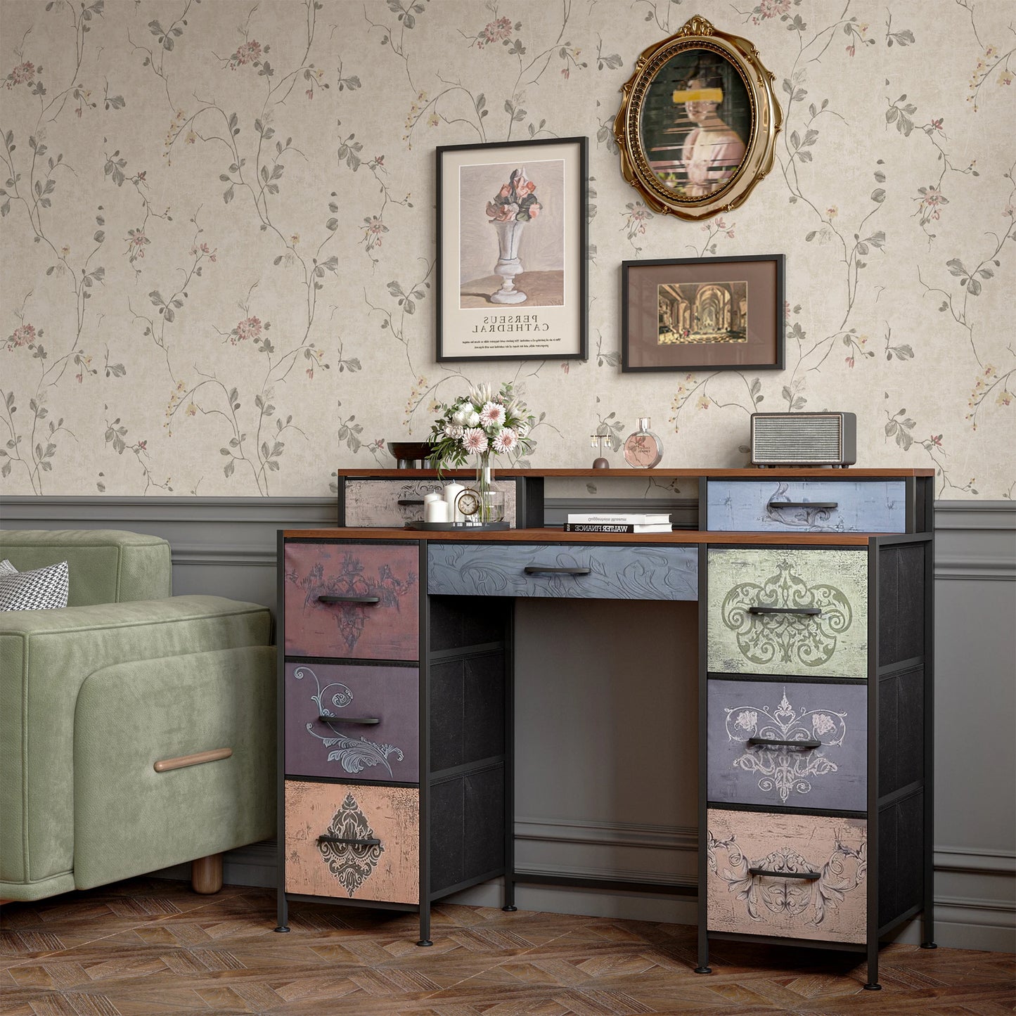 Lazyspace Schminktisch Vintage Kommode Multifunktional 9 Schubladen Holz