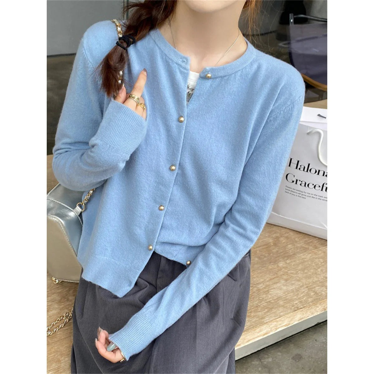 SDFBKCN Cardigan O-Kragen Strick Mit Knopfverschluss - Größe M Bis XL, Material Polyester, Länge Regular