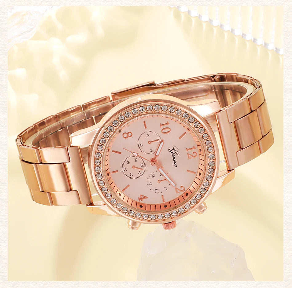RoséLuxe 6er Set Roségold Schmuckuhr- Strass 38mm Edelstahl