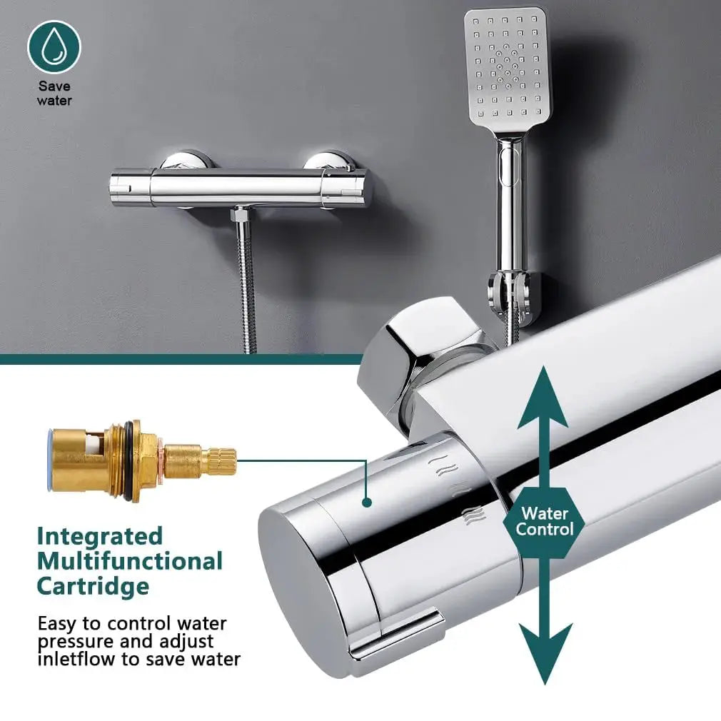 Duschmischbatterie mit Thermostat, 38 ° C-Sicherheitsknopf, runder thermostatischer Chrommischer für Badezimmer und Badewanne, oberflächenmontiert by Golden Bridge Store