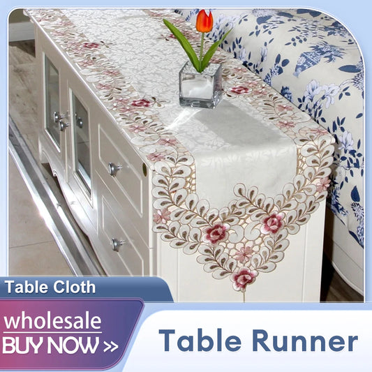 Vintage Embroidered Floral Lace Fabric Table Runner Translucent Gauze Table Cloth Hollow Out Wedding Restaurant Table Decor