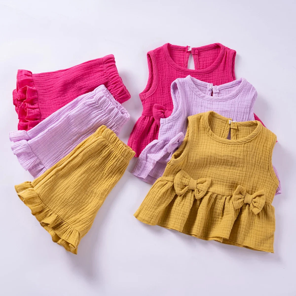 Toddler Girls Muslin Cotton Suits Solid Color Bow Vest+Shorts 2pcs Clothes Sets Sleeveless Cute Casual Baby Girls Outfits