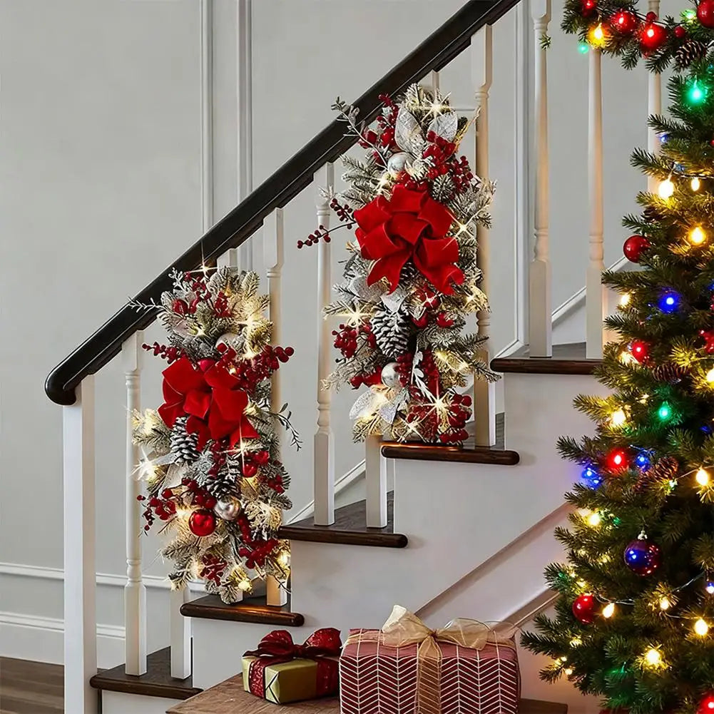 Weihnachtsgirlanden, Treppendekoration, Bäume, Girlande für Treppen, Weihnachtsgirlande mit Lichtern und roten Schleifen, Treppen-Swag-Türdekoration