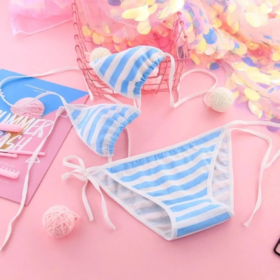 Japanische Lingerie 2025 - Lolita Kawaii Blau Pink Weiß Gestreift Mini-Bikini Cosplay BH Set