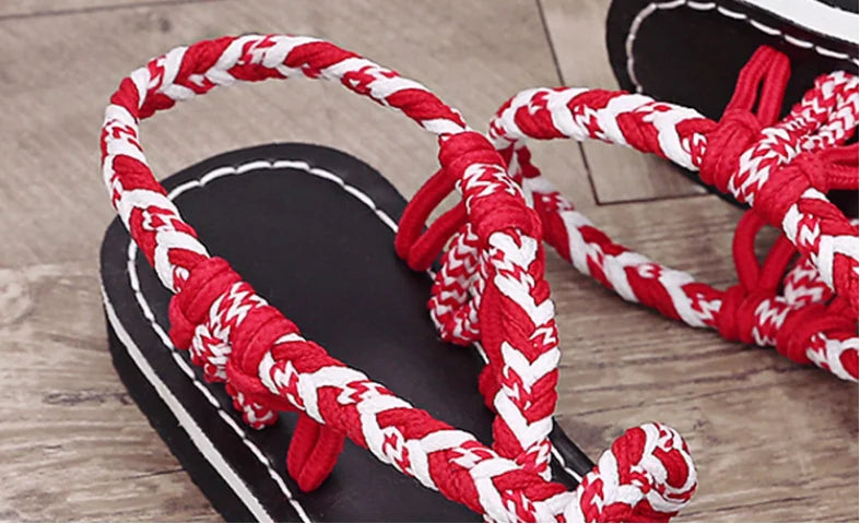 Women Summer Flip Flop Sandals Shoes Mixed Color Matching Rope Knot Beach Toe Roman Sandals Casual Comfortable Plus Size Shoes