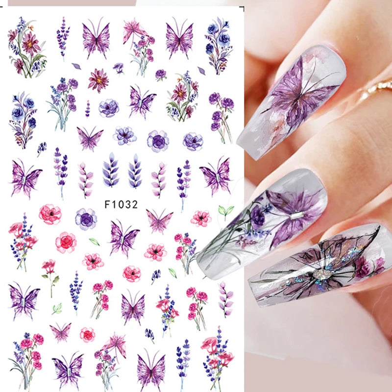New Spring Fresh Flowers Butterfly 3D Nail Stickers Colorful Laser Butterflies Geometric Pattern Stickers Nail Decoration 1PCS