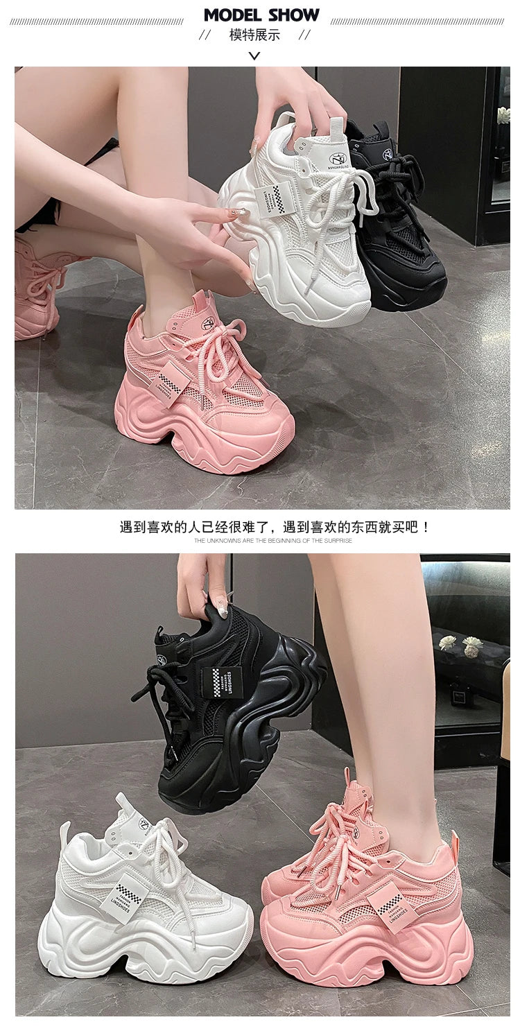 Women High Platform Sneakers New Summer 9.5CM Wedge Heels Thick Sole Leather Shoes Autumn Breathable Mesh Chunky Sneakers Woman