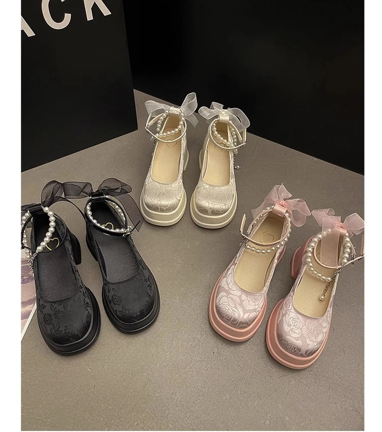 Frühling Damen Dicke Platform Mary Janes 2025 - Lolita Schuhe Sommer - Schleife Kette Party Pumps Oxford Schuhe