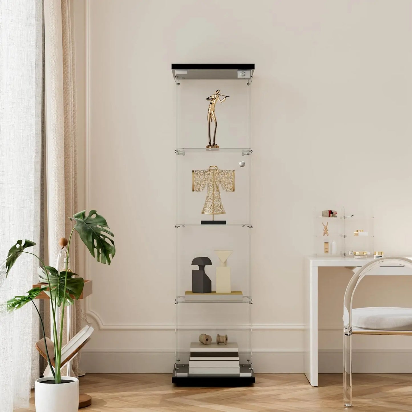 Rosahqnda Glasvitrine LED Beleuchtung 4 Regale 2 Türen 80x36x164 cm