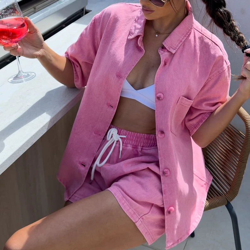 Casual Summer Denim Women's Two Piece Fashion Lapel Button Shirt with Tie Up Shorts Suit 2025 High Street Pocket Loose Outfits