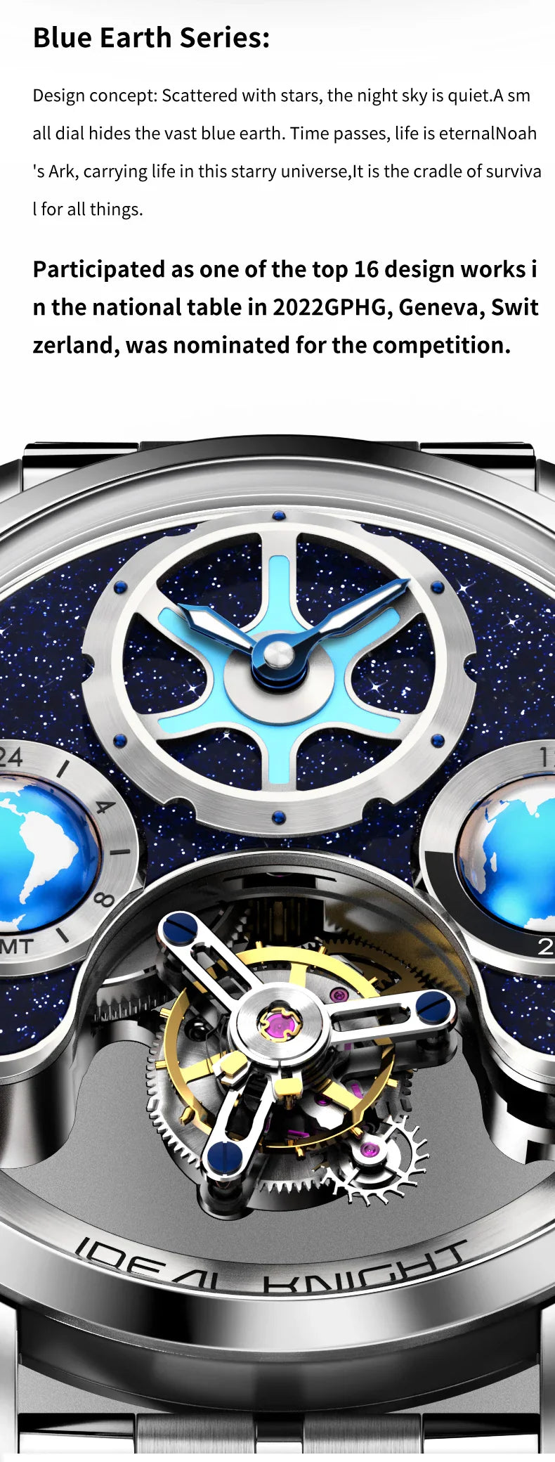 IDEAL KNIGHT blue earth tourbillon watch luxury skeleton automatic timepiece