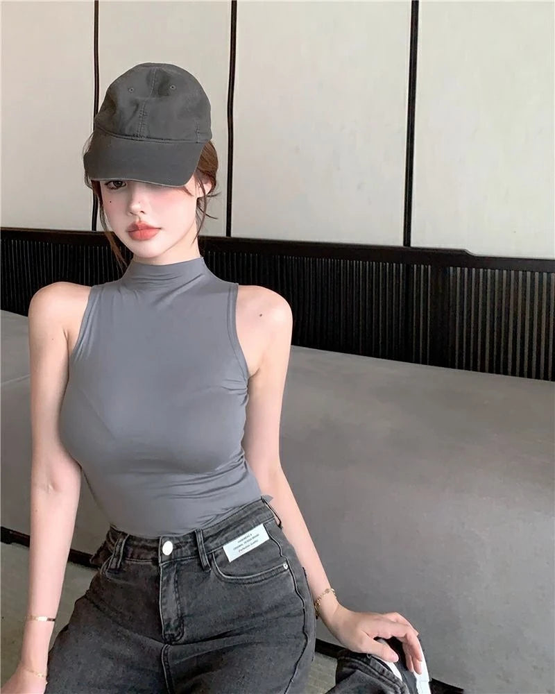 Sexy Tank Top Solid Halter Crop Tops Women Summer Camis Turtleneck Camisole Fashion Casual Tube Female Sleeveless Cropped Vest