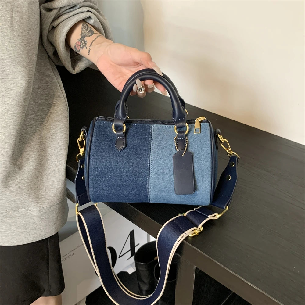 Genți de mână mini cu blocuri de culoare patchwork pentru femei, genți de umăr din denim, genți crossbody, geantă casual de stradă mică, geantă Boston, 2024, poșete de designer