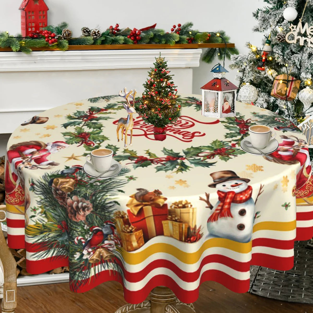 Christmas Tablecloth Black Merry Christmas Round Table Cloth Christmas Elk and Presents Table Cover Fabric Home Decoration Gift
