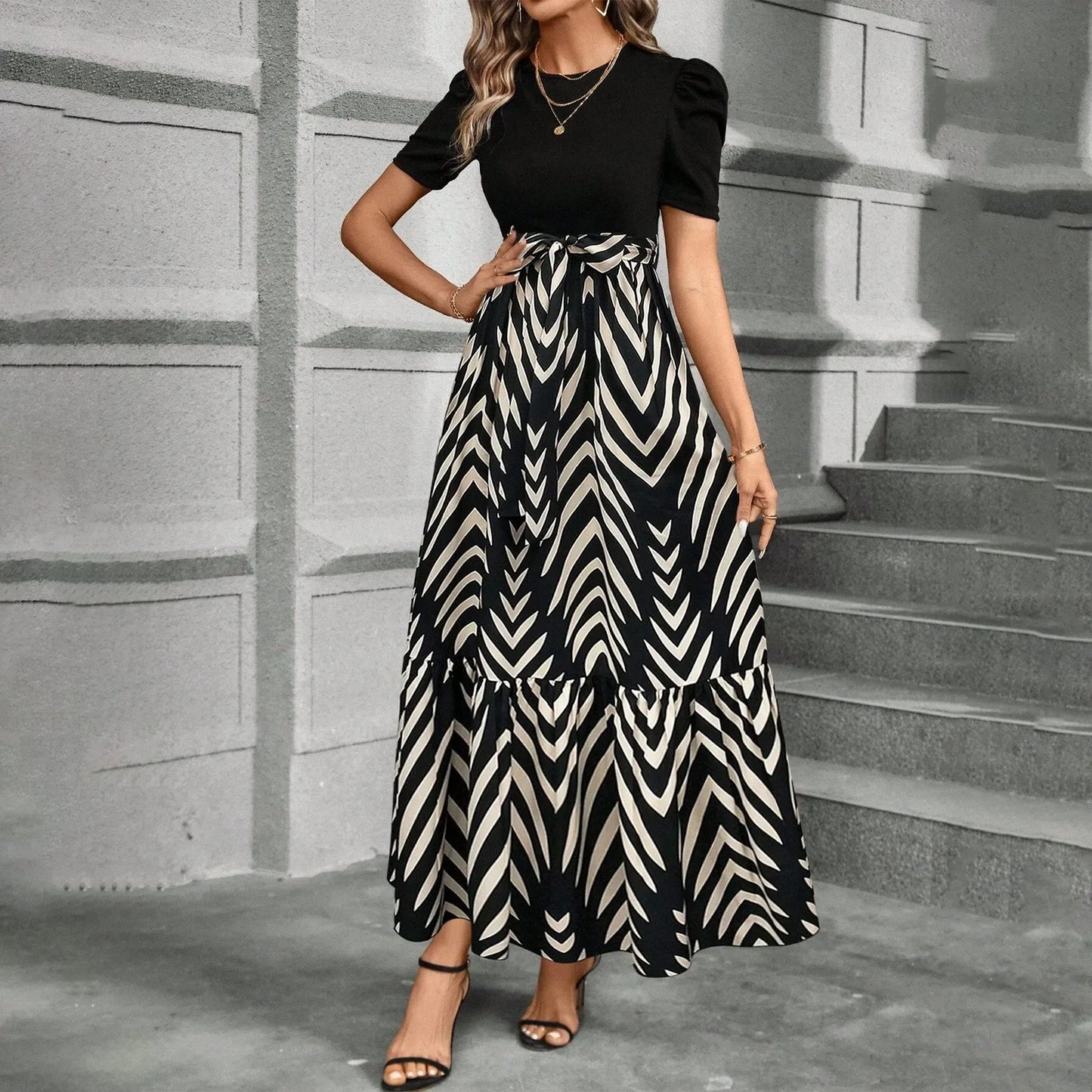 Spring Elegant Dress For Women Bow Tie Waist Cinched Dress A-Lin Flowing Skirt Office Women'S Clothing High Waisted Fashion Dres