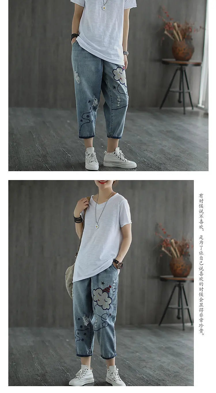 Embroidered Jeans Women Spring and Summer New Cropped Retro Casual Oversized Loose High Waisted Embroidered Slim and Versatile