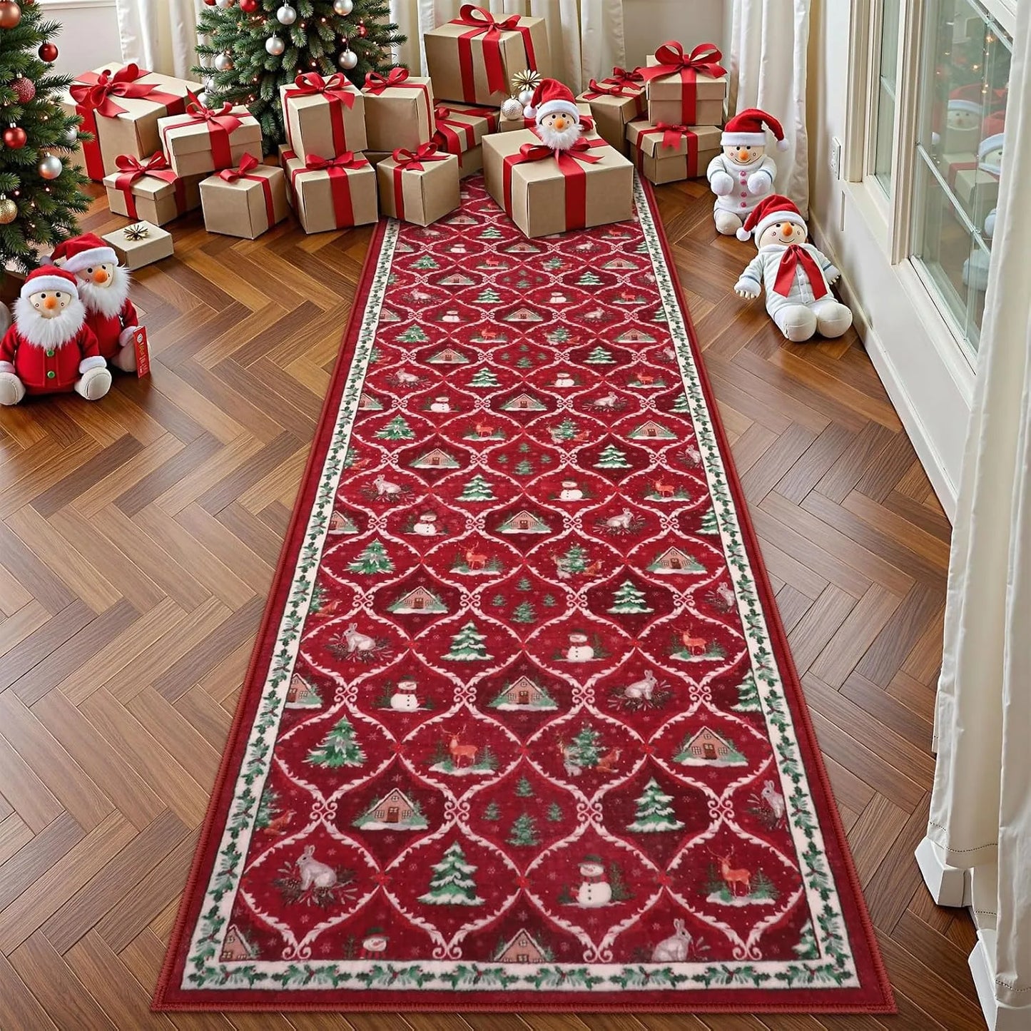 Runner Rug Corridor Non-slip Machine Washable Easy To Fold Floor Mat Green Plaid Snowman Rugs Christmas Gift Home Decoration Mat