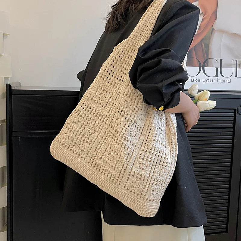 Knitted Handbags Beach Bags Lightweight Students Shoulder Casual Tote Female Style Shopping Woven Bags For Women Girls