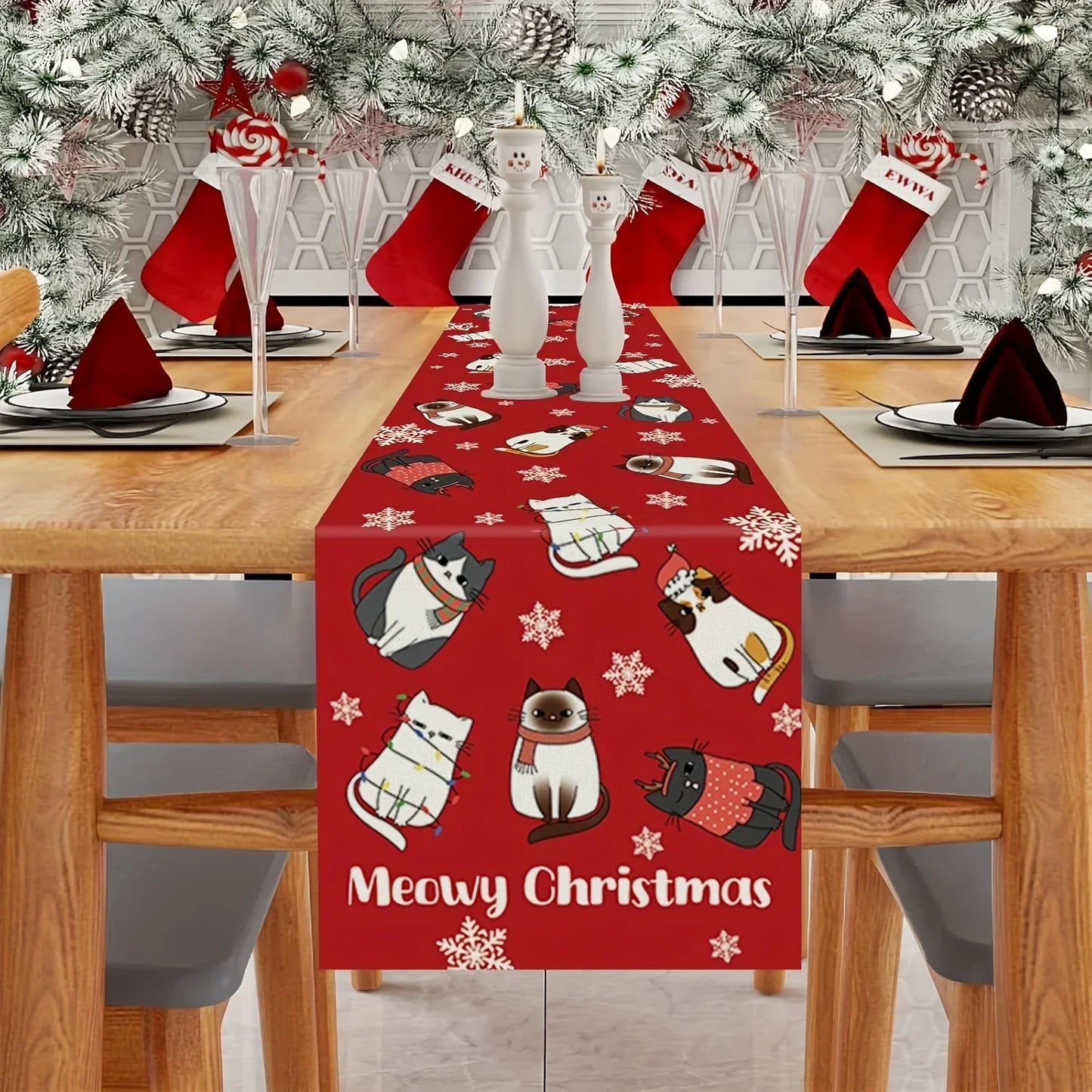 1 Cute Christmas Cat Table Runner with Snowflakes and "Meowy Christmas" Text Pattern, Suitable for Christmas Family Banquets
