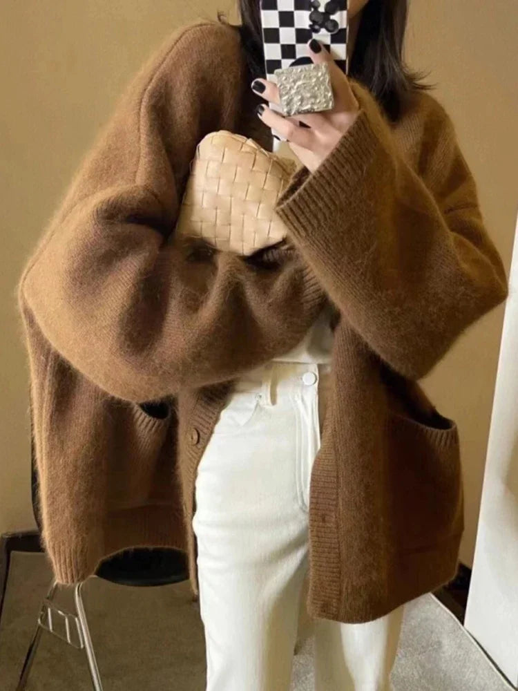 Jielur Damen V-Ausschnitt Strickjacke Mit Knopfleiste - Größe M, Material Polyester Baumwolle, Länge Regular