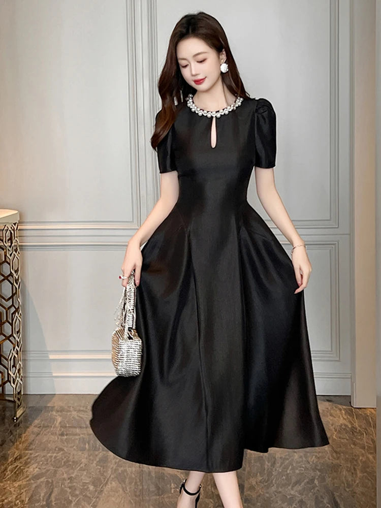 Elegant Host Evening Dress Women's French Vintage Sweet Pearl Hollow Folds Swing A-LINE Long Robe Party Catwalk Prom Vestidos