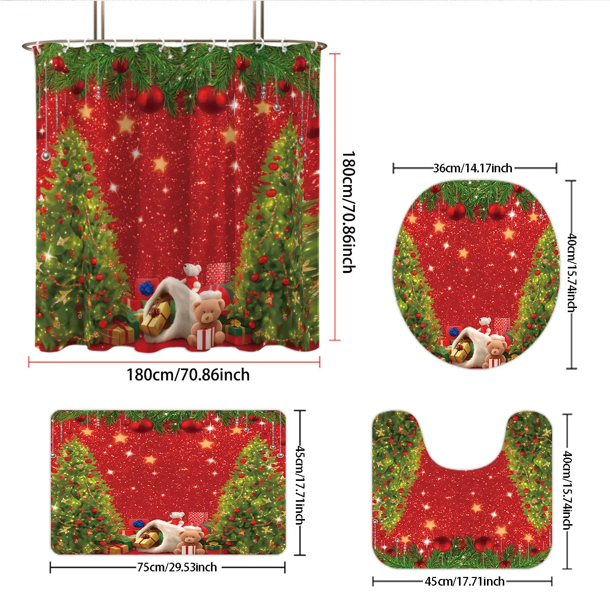 4pcs Merry Christmas Christmas Tree Printed Bathroom Set 180x180 Waterproof Shower Curtain, Floor Mat, U-shaped Mat, Toilet Mat