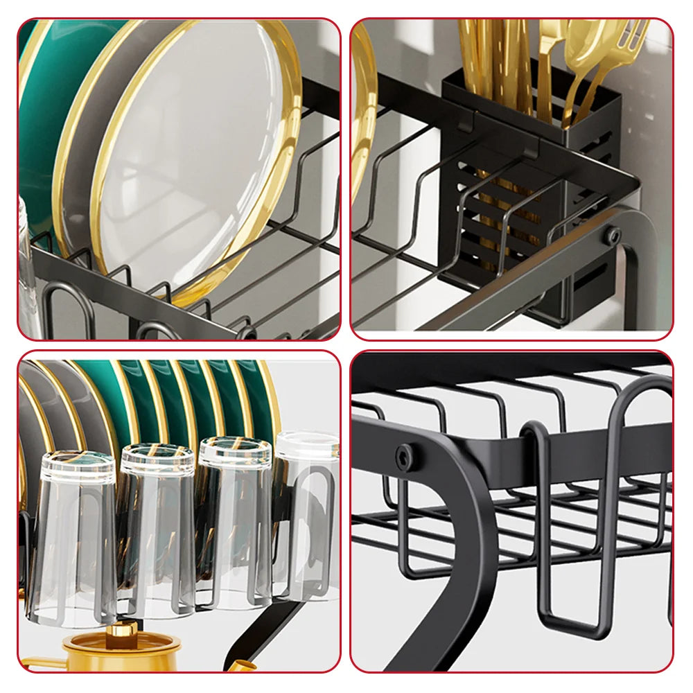 Dish Drainer Rack Multi-functional 2-Tier Dish Rack Kitchen Supplies Storage Rack Draining Rack Cup Chopstick Organizer