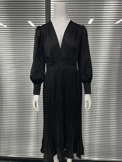 Elegante Kleid Tiefer V Ausschnitt - Plissee, Langarm, S M L