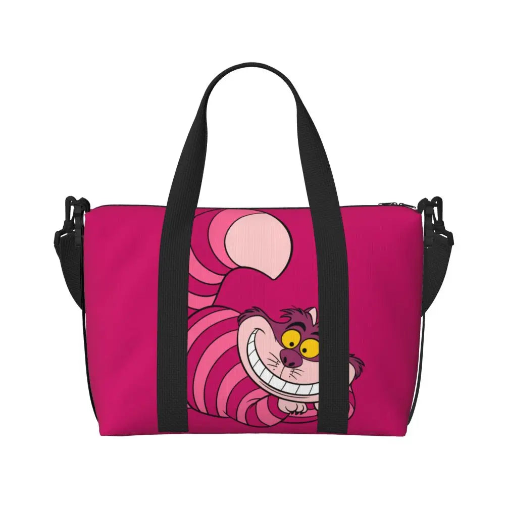 Custom Cheshire Cat Beach Tote Bag for Women We're All Mad Here Cat Big Compartment Gym Beach Travel Bags