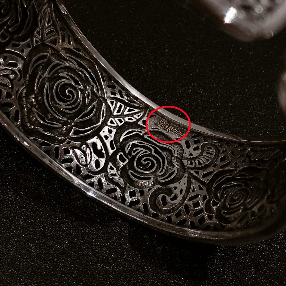 Handcrafted s999 sterling silver rose filigree bangle wide bracelet unique artisan design