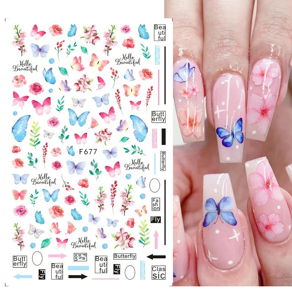 New Spring Fresh Flowers Butterfly 3D Nail Stickers Colorful Laser Butterflies Geometric Pattern Stickers Nail Decoration 1PCS