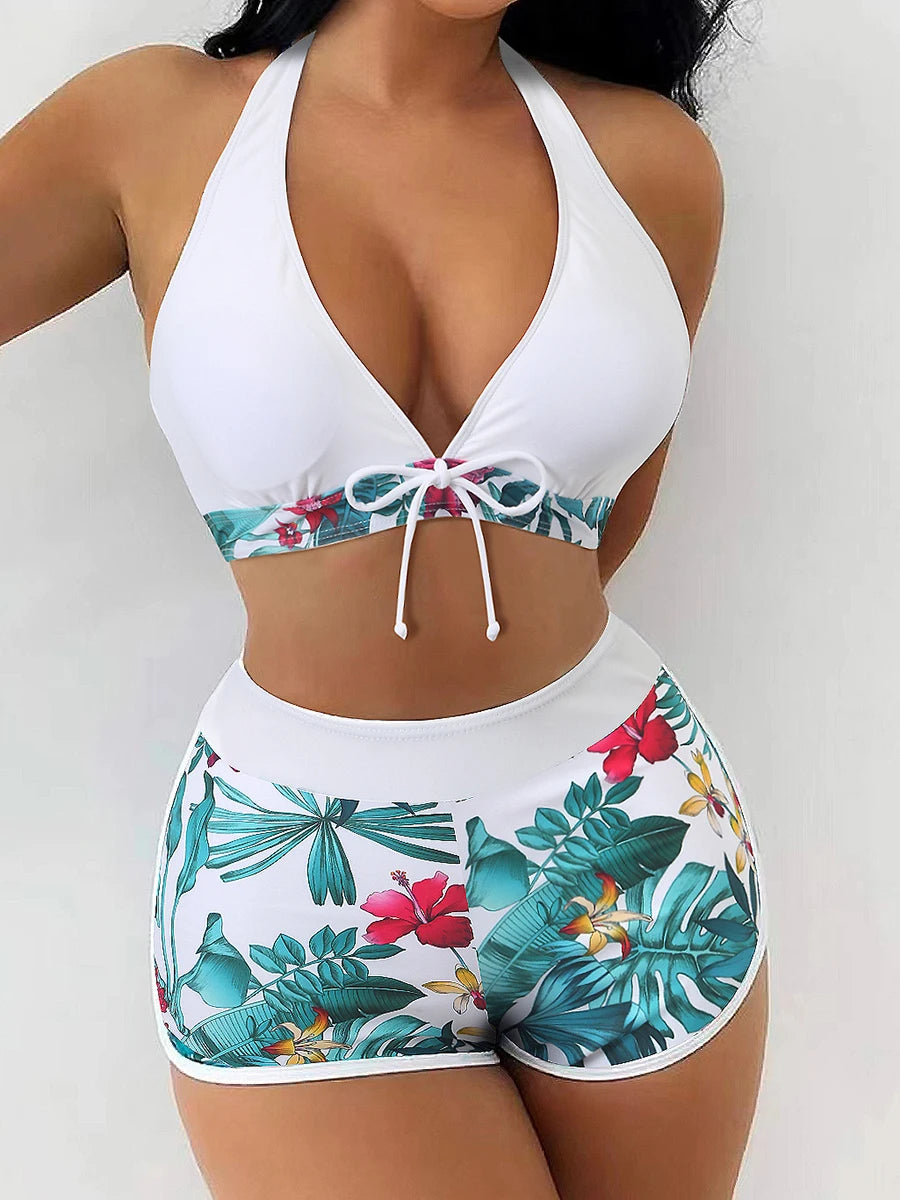 Halter Bikini Set Kurzer Schwimmanzug Frauen High Waist Bedruckte Bademode