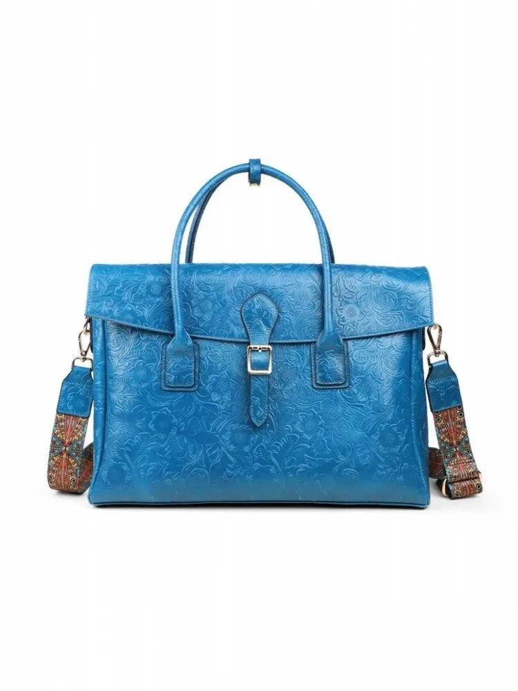 Vintage flower carved leather bag  single shoulder briefcase & business satchel