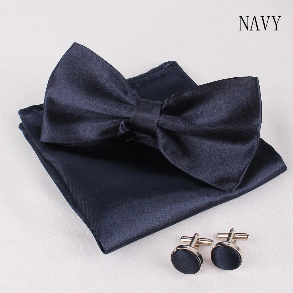 Solid Colors Polyester Adjustable Men's Accessory Set Elegant Pre-Tied Bow Tie Matching Pocket Square & Cufflinks for Wedding