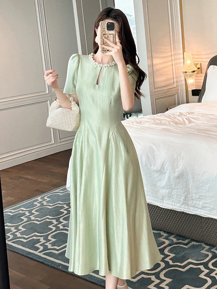 Elegant Host Evening Dress Women's French Vintage Sweet Pearl Hollow Folds Swing A-LINE Long Robe Party Catwalk Prom Vestidos