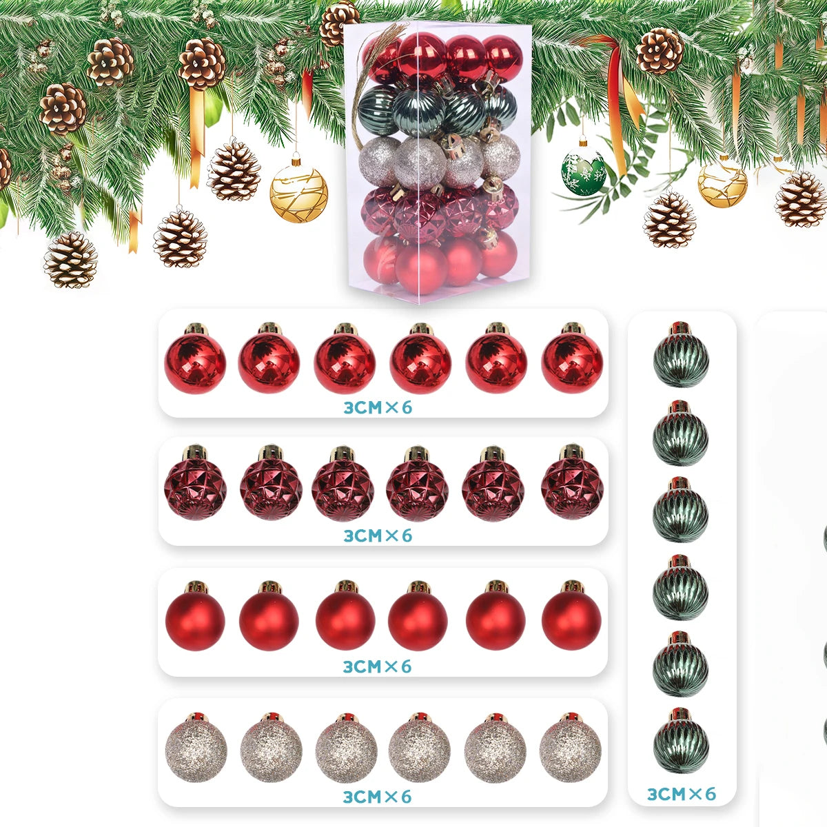 3CM Weihnachtskugeln Glänzend - Ø3 cm, 30 Stück, Weihnachtsdeko