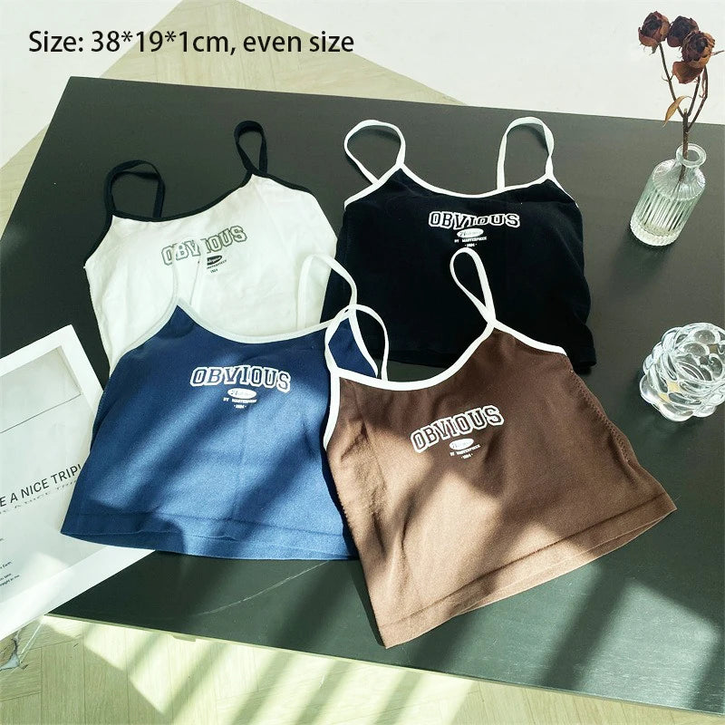 Women Tops Tank Padded Bra Crop Tops O-neck Solid Color Crop Tops Summer Letter Printing Spaghetti Camisole Top Edgy Clothes Y2k