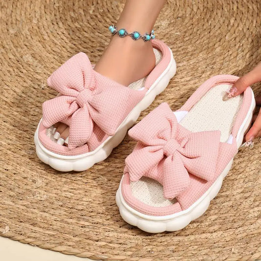 Leinen Casual Platform Hausschuhe 2025 - Frauen Haus Schleife Designer Schuhe - Damen Flats Elegant Heim Mode Lieblich Große Größe