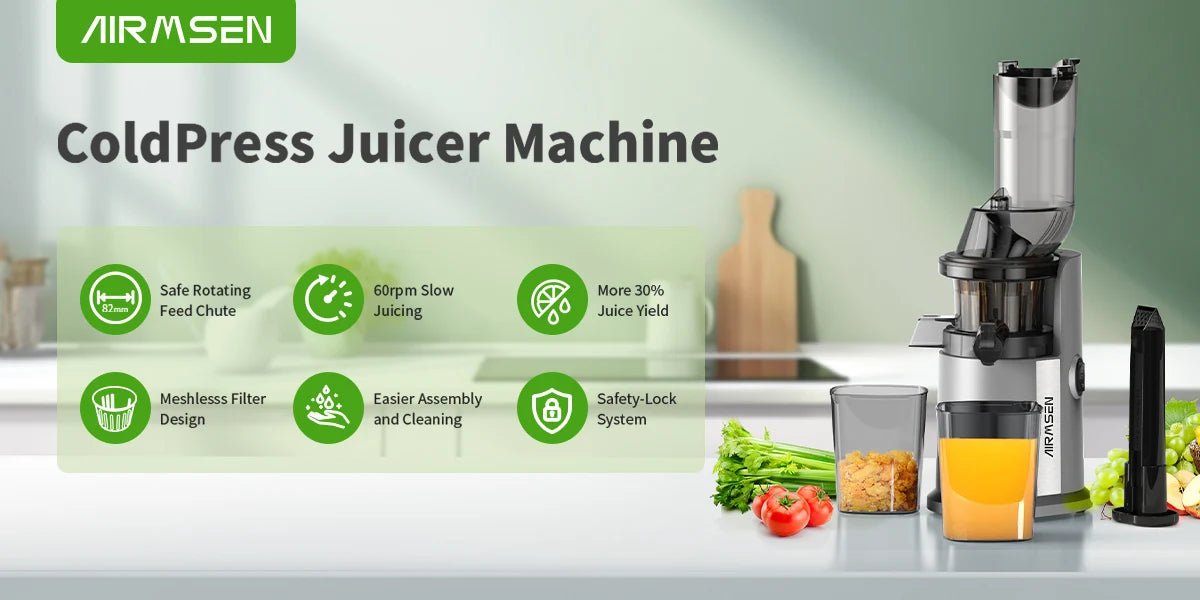 AIRMSEN Slow Cold Press Juicer, large diameter, filterless design, easy to clean, suitable for vegetables and fruits.