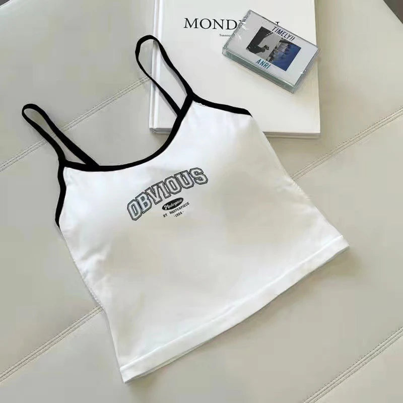 Women Tops Tank Padded Bra Crop Tops O-neck Solid Color Crop Tops Summer Letter Printing Spaghetti Camisole Top Edgy Clothes Y2k