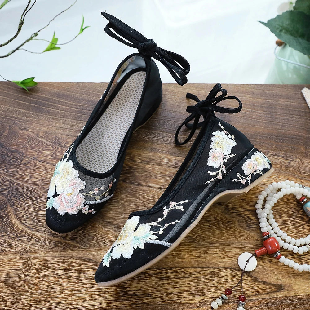 Ballerinas 2025: Veowalk Long Ankle Strap Summer Women Gauze Mesh - Embroidered Ballet Flats Breathable Comfortable Walking Shoes Elegant Lady Collection