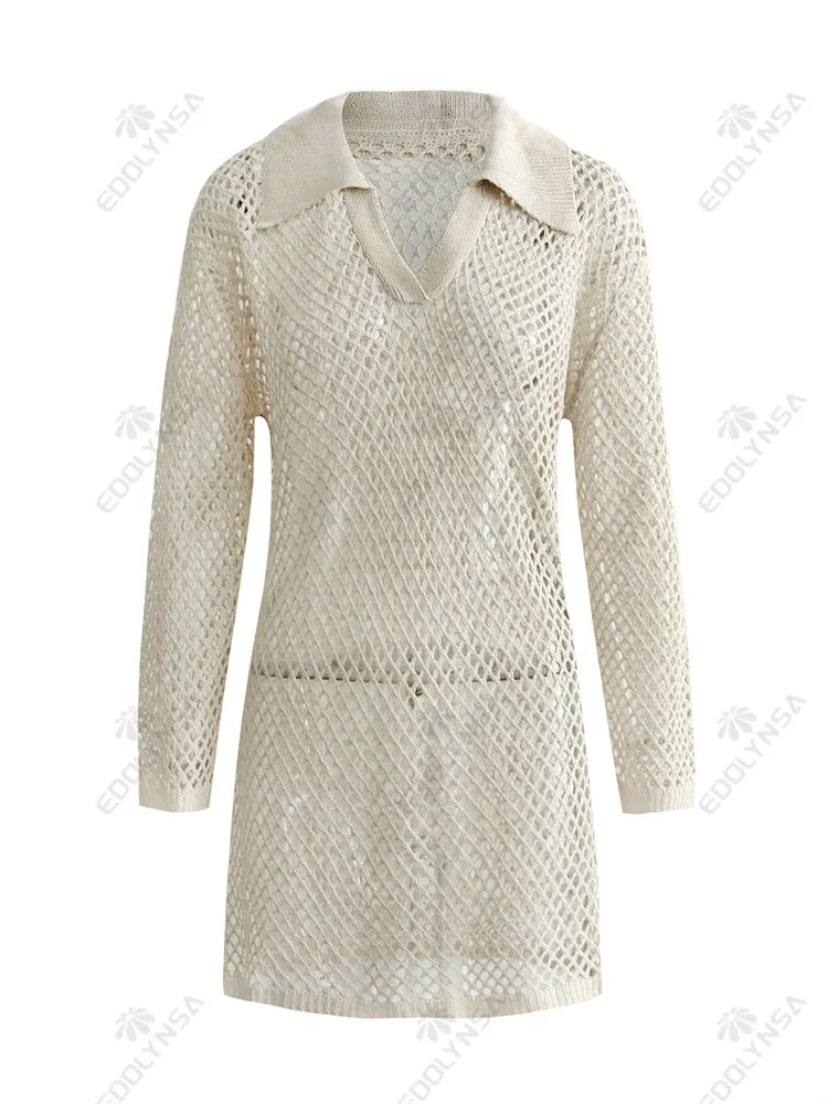 Einfarbig Strand Stricken Mini Kleid - Frauen Sommer Elegant Dekorative Details Langarm - Badeanzug Cover Up Boho Urlaub Lose Beachwear
