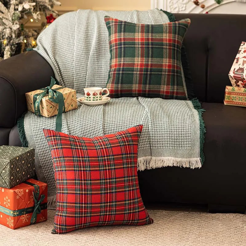 Pack of 2 Christmas Plaid Decorative Throw Pillow Covers Scottish Tartan Cushion Case for Farmhouse Home Holiday Decoration