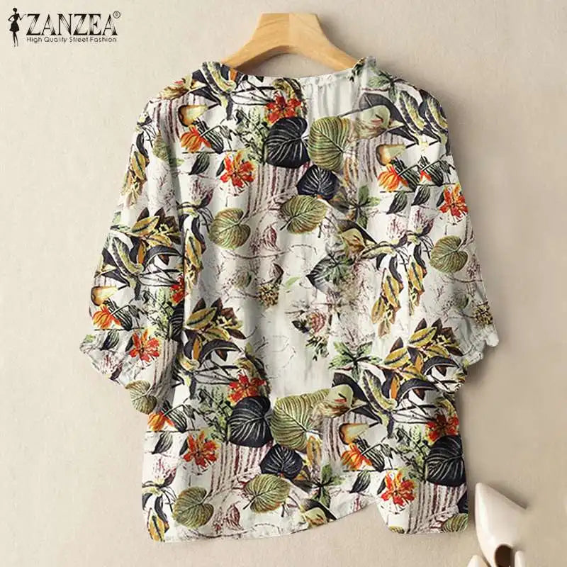 Bohemian Ruffles Tunic Shirt Work Blusas ZANZEA Women Summer O Neck 3/4 Sleeve Tops Casual Mujer Vintage Floral Printed Blouse
