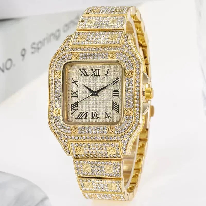 Luxus Diamant Herren Damen Uhren - Gold Uhr Damen Armbanduhr - Luxus Strass Unisex Armband Uhren Weiblich Uhr 2024 Neu