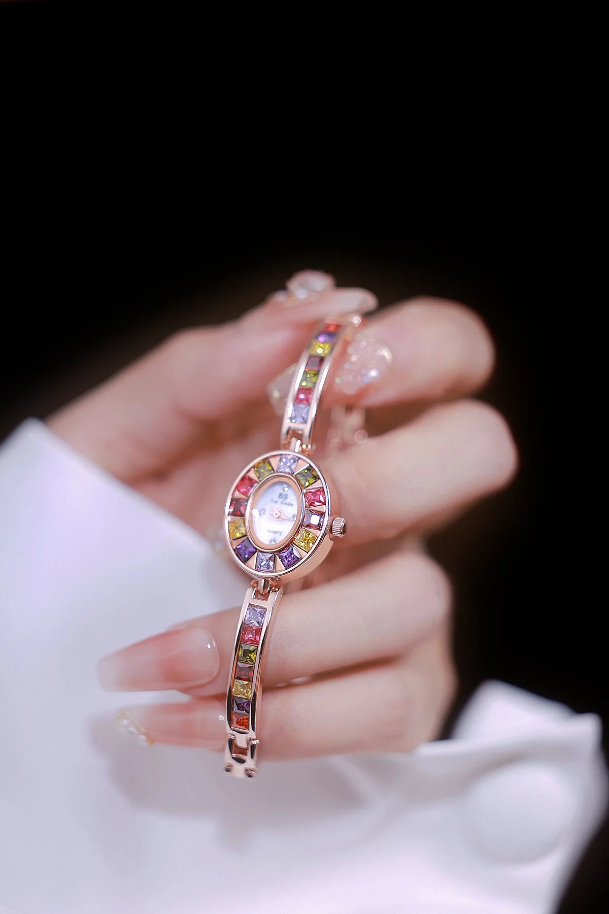 Womens Watch Luxury Fashion Quartz Wristwatches Colored Rhinestone Small Silver Bracelet Watches For Women Gifts