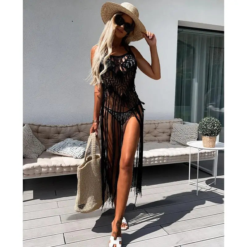 Strand Cover Ups: Hand Hook Hollow Out Spandex Polyester - Elegant Sonnenschutz Shirt Lange Quasten Beach Style Gestrickt