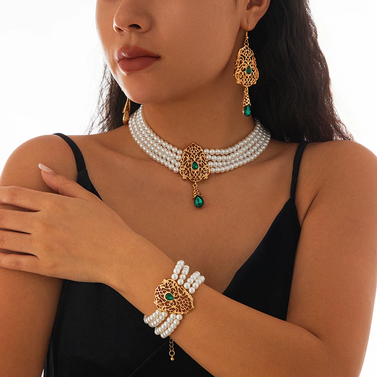 KunJoe Luxus Mehrschichtig Imitation Perlen Halskette Armband Ohrringe Frauen Wassertropfen Grün Strass Choker Hochzeit Schmuck Set