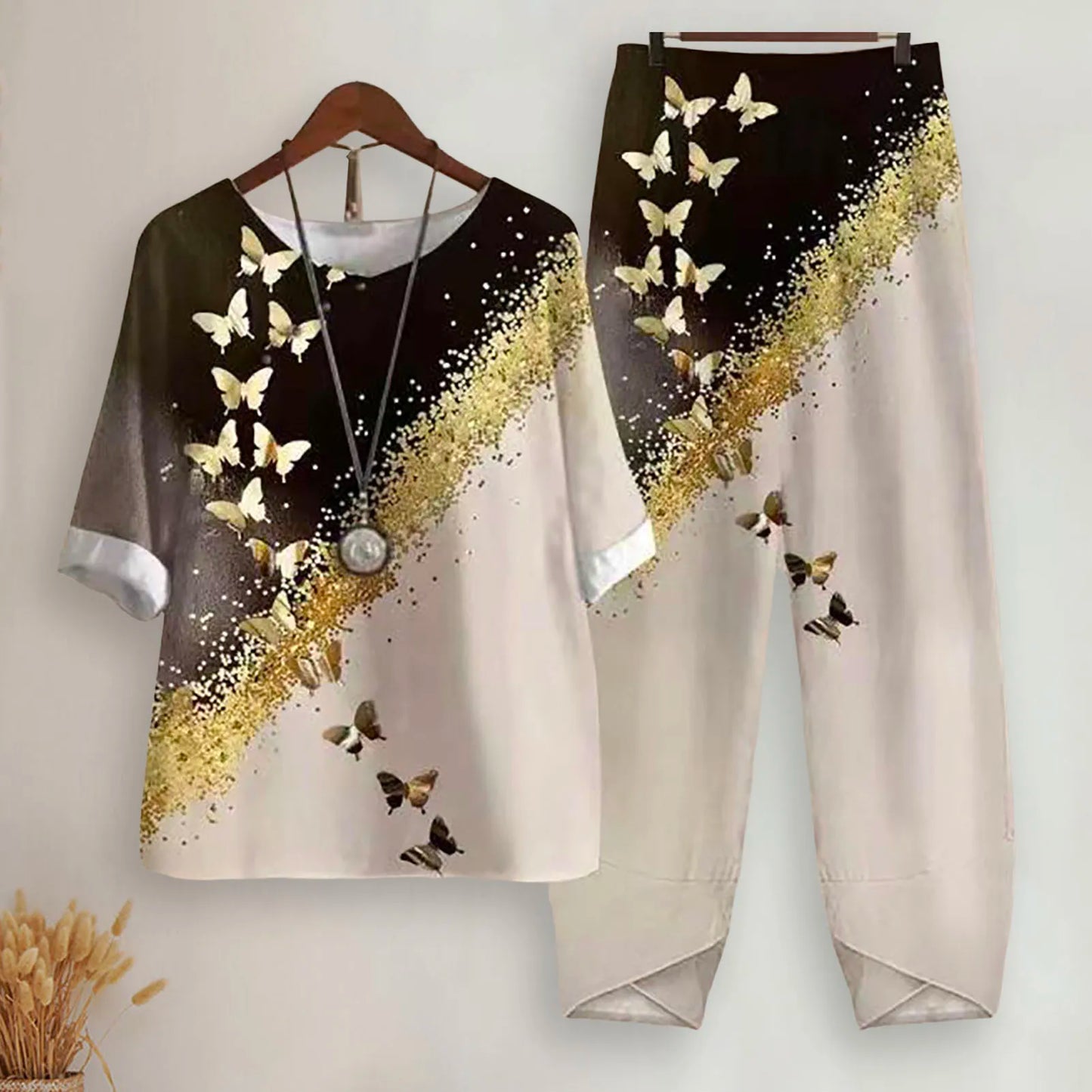 Elegant  Women Outfit Breathable Flower Pattern Blouse Trousers Half Sleeves Soft Blouse Pants Spring Clothes