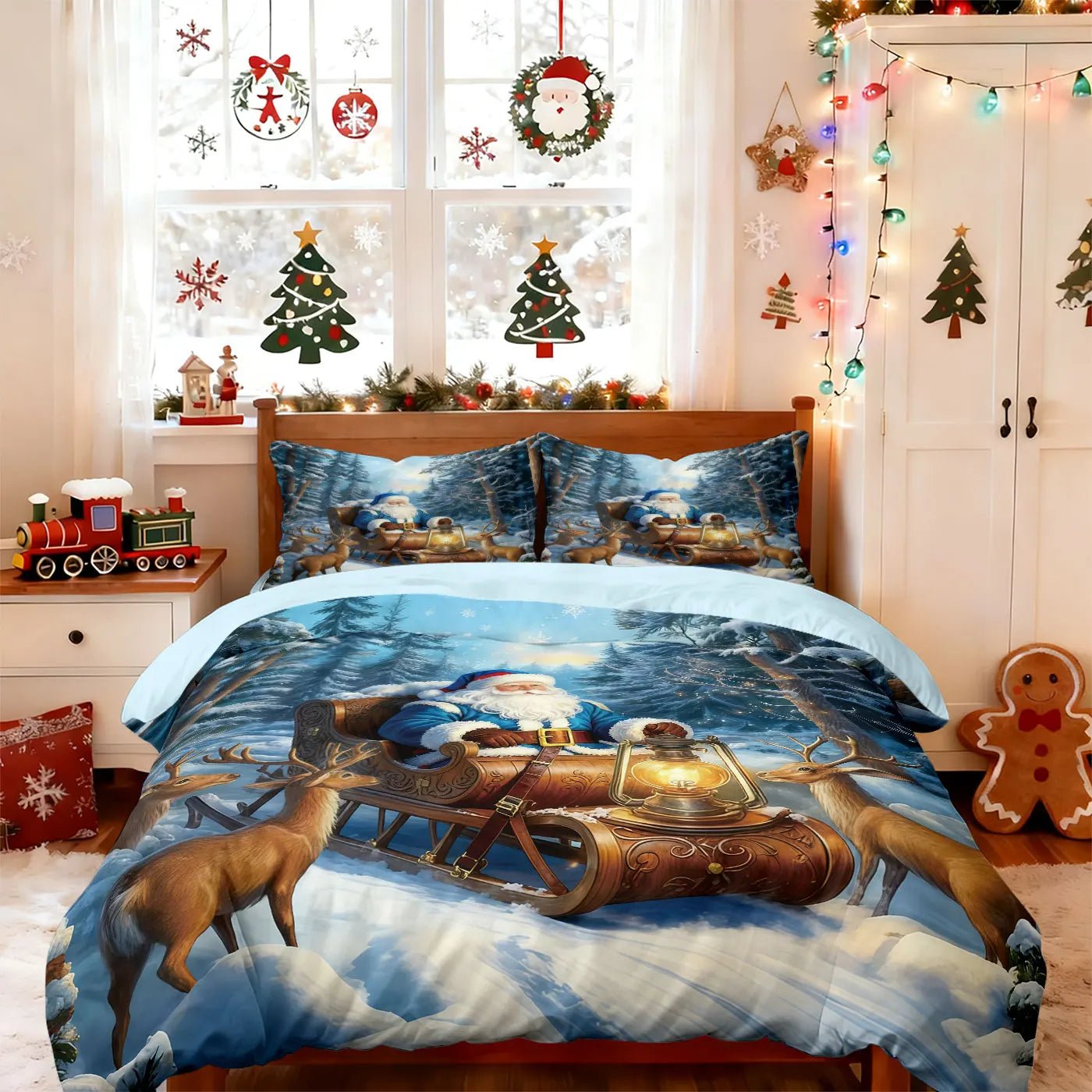 3pcs Merry Christmas, Santa Claus Printed Chipless Bedding Set, Multi Size Bedding Decoration, Comfortable and Machine Washable
